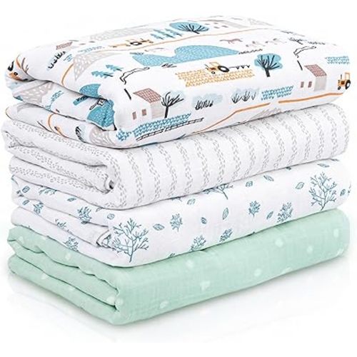 Muslin Swaddle Blankets for Newborn, 4 Pack Cotton Baby Blankets, Large 31.5 x 43.3 inch Breathable Soft Receiving Blanket, Essentials Swaddle Wrap Burping Clothes, Blue Farm Country