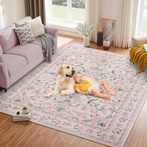 8*10ft Washable Area Rug, Boho Floral Soft Rugs for Living Room, Non Slip Low Pile Carpet for Bedroom, Dining Room, Nursery, Hallway Beige Pink