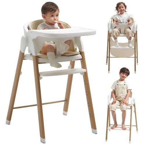 KUB Foldable Baby High Chair for Family (White& Wood-Printed Metal)