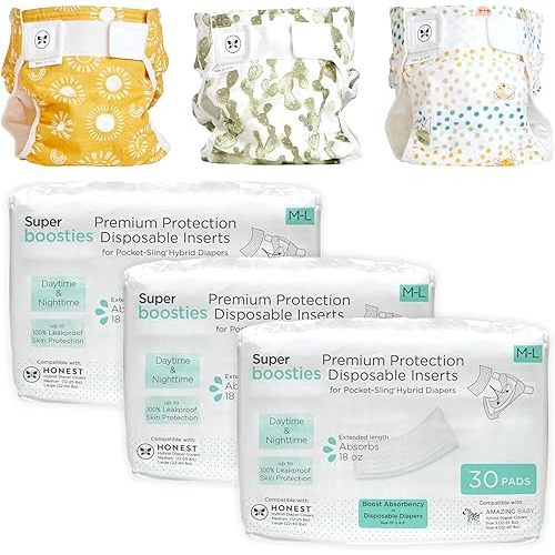 Super Boosties 90ct + Honest Hybrid Cloth Diaper Cover with Pocket-Sling, Large (22-40 lbs), Stops Nighttime Leaks, Boosties Disposable Diaper Inserts, Honest Cotton Muslin Covers, 3 Pack