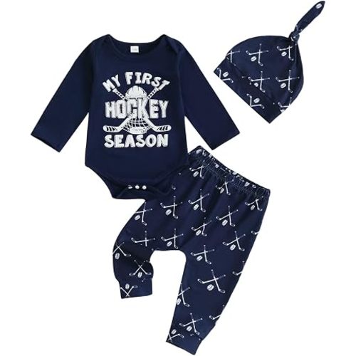 Newborn Fall Winter Outfit Funny Letters Print Baby Onesie and Pants Hat Set Cute Hockey Outfit Baby Boy 0-18M