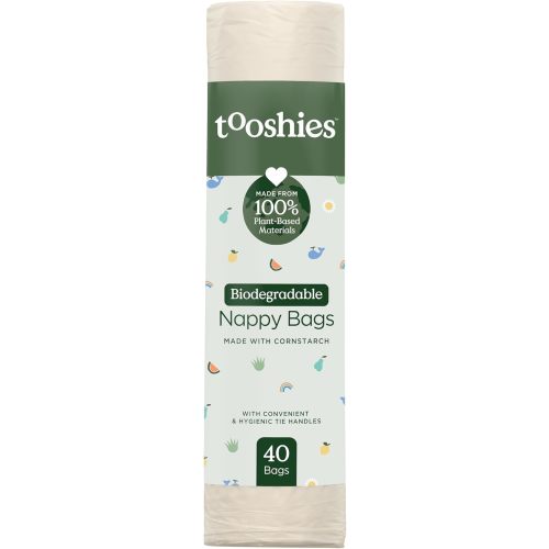 Tooshies Baby | Biodegradable Nappy Bags | Disposable | 100% Plant-based | Fully Compostable | Hygienic Tie Handles | Minimal Packaging | 40pk Roll