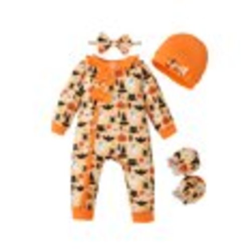 Kucnuzki Newborn Baby Girls Bodysuits 0-3 Months Fall Winter Halloween clothes Long Sleeves Halloween Romper Pumpkin Ghost Print Overalls with Hat and Headband 3pcs Orange
