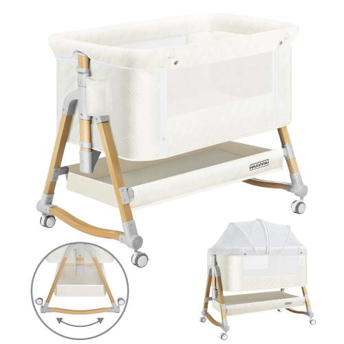 HARPPA Baby Bassinet Bedside Sleeper - 3-in-1 Cradle for Newborns, with Storage & Wheels, White