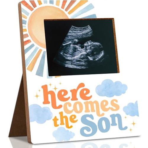 Here Comes the Son Baby Shower Photo Frame - Sun Sonogram Picture Frame, 7.8x10 Inches Ultrasound Frame for Pregnancy Announcement Gender Reveal Parties, Keepsake for Expectant Parents
