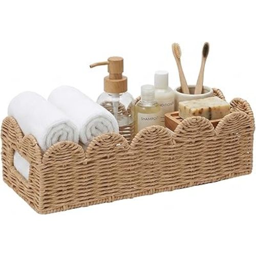 Khaki Scalloped Edge Woven Basket, Handwoven Paper Rope Rectangular Organizer for Bathroom, Bedroom, Vanity & Shelf – Neutral Decorative Tray for Towels, Toiletries & Home Organization