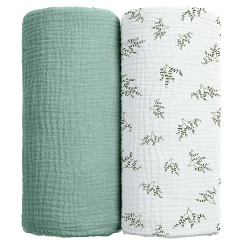 lulumoon Baby Muslin Swaddle Blankets: Soft Receiving Blanket for Newborn - Cotton Swaddling Blanket for Neutral 2Pack(Leaf Summer)