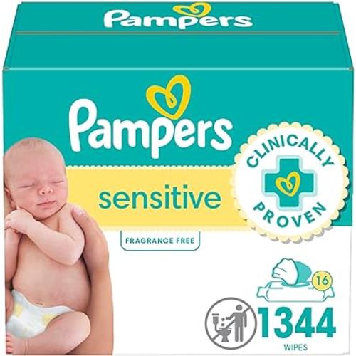 Pampers Sensitive Baby Wipes, Water Based, Hypoallergenic and Unscented, 16 Flip-Top Packs (1344 Wipes Total)