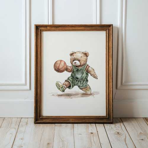 Sports Nursery Vintage Teddy Bear Basketball Art (Digital, Printable, Framed)