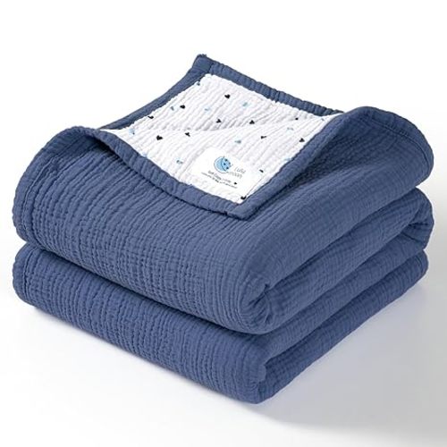 lulumoon Muslin Baby Blanket - Cotton Quilt Blankets for Toddlers - Reversible Nursery Crib Blanket for Baby Boys and Girls 47"x47"(Blue)