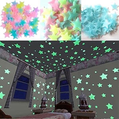 100Pcs Colorful Glow in The Dark Luminous Stars Fluorescent Noctilucent Plastic Wall Stickers Murals Decals Kids' and Baby Wall Stickers for Home Art Decor Kids Bedroom Room Decorations, Decorations