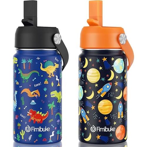 Fimibuke Kids Insulated Water Bottle, 14oz BPA FREE Double Wall Vacuum Tumbler 18/8 Stainless Steel Leak Proof Kids Cups with Straw Metal Water Bottle for School Boy Girl(2 Pack, SPACE/BLUE DINOSAUR)
