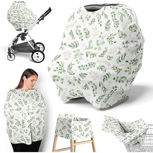 Sweet Jojo Designs Floral Leaf Boy Girl Infant Baby Car Seat Cover Nursing Breastfeeding Shopping Cart Stroller Canopy Green White Boho Bohemian Watercolor Botanical Flower Woodland Tropical Garden