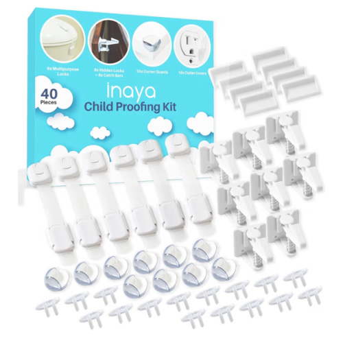 Inaya Complete Baby Proofing Kit - Child Safety Hidden Locks for Cabinets & Drawers, Adjustable Safety Latches, Corner Guards and Outlet Covers - Baby Proof Pack to Keep Your Child Safe at Home