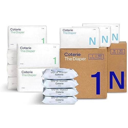 Coterie Baby Wipes + Diapers Kit, Size 1 (198 Count) & Size Newborn Diapers (93 Count), 4 Pack (224) Wipes with 99% Water, Plant Based Materials, Hypoallergenic for Sensitive Skin, Baby Essentials