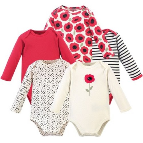 Touched by Nature Baby Girl Organic Cotton Long-Sleeve Bodysuits 5pk, Poppy, 0-3 Months