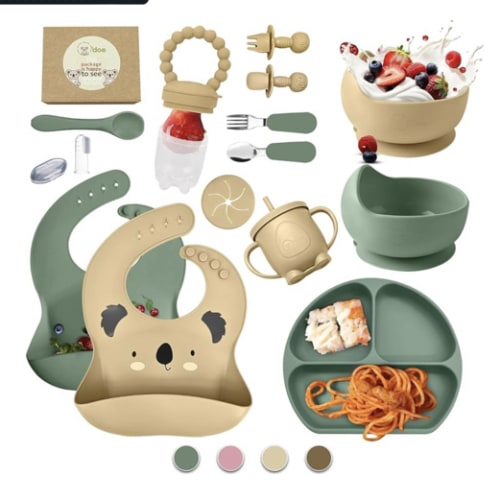 O'doe 17-Piece BPA-Free Silicone Baby Feeding Set | Thick & Soft Suction Plates, Baby Bowls, Wooden Fork & Spoon, and More | Make Mealtime Fun and Easy for Your Little One (Beige and Green, V3)
