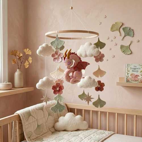 Personalized Dragon Baby Mobile, Custom Sleeping Dragon Nursery Bedroom Decor, Felt Ginkgo Leaf Crib Mobile, Whimsical Newborn Gift Shower