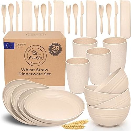 FOODLE Wheat Straw Dinnerware Set - BPA Free & Safety Tested - Unbreakable, Microwave & Dishwasher Safe Dishes - Picnic, RV, Dorm, Camping Plates Cups and Bowls - Great for Kids & Adults - For 4