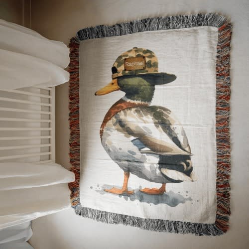 Personalized Woven Duck Baby Blanket, Mallard Nursery Decor, Hunting Swaddle, Custom Name Throw,  Baby Shower Gift Mallard Duck Nursery Gift