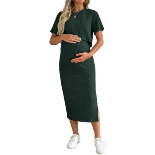SHENHE Women's Maternity Ribbed 2 Piece Outfits Crop Top Bodycon Midi Skirt