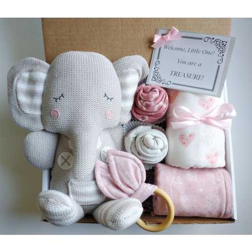 Baby Girl Gift Box, Baby Gift Set, Baby Shower Gift, Gift for Babies, New Baby Gift, Baby Gift Basket, Welcome Baby Gift, Knitted Elephant$52