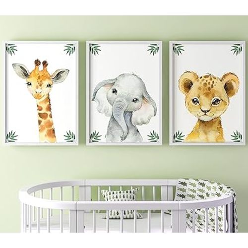 Baby Safari Animals for Girl or Boy Nursery Bedroom, Set of 3 Unframed Wall Art Prints, Jungle Leaves Posters, Nursery Decor Gift, Giraffe Elephant Lion (8x10)