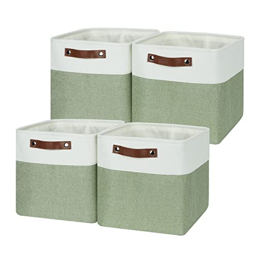 Temary Fabric Storage Bins for Organizing Clothes, Closet Baskets with Handles - Decorative Storage Boxes for Home (White & Green, 12 Inch, 4 Pack)