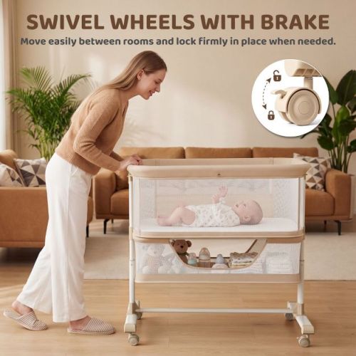 Kinder King Portable Baby Bassinet with Wheels, All-Mesh Bedside Sleeper, Newborn Crib with Removable Mattress, Beige