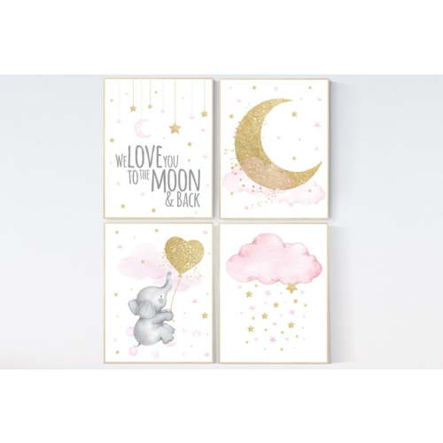 UNFFRAMED Luvia Set of 4 Pink and Gold Elephant Nursery Wall Art Prints Moon and Stars We Love You to the Moon and Back Baby Room Decor for Girls Set 4 Prints 16x24