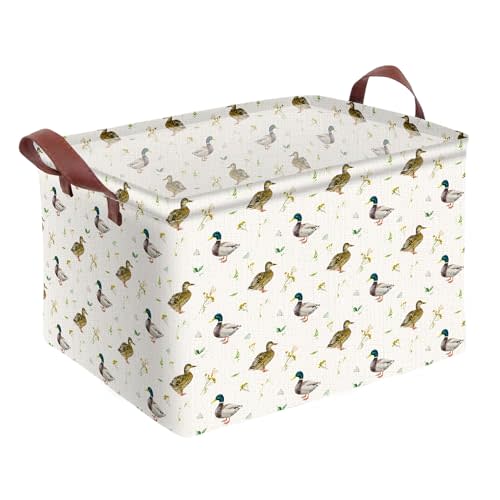 Cute Mallard Duck Storage Basket Waterproof Canvas Toy Storage Bin Mallard Duck Room Decor Collapsible Outdoor Basket with Leather Handles Duck Decor Blanket Baskets For Closets,Bedrooms,Gifts Baskets