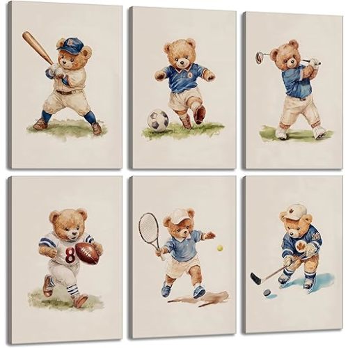 6Pcs Nursery Teddy Bear Canvas Wall Art Bear Sports Paintings Vintage Boy Room Wall Decor Cute Kids Animal Posters Prints Kindergarten football Pictures for Children Bedroom Playroom Framed