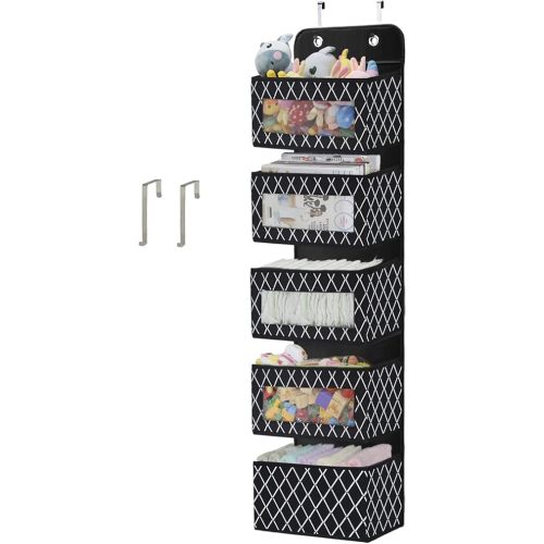 VERONLY Over the Door Hanging Organizer, 5 Large Pockets, 2mm Thick Hard Cardboard, Non-Woven Fabric, 12.2"(W)x5"(D)x49.6"(H), Multi-Purpose Storage for Nursery, Pantry, Bathroom, Bedroom