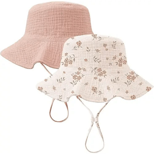 Konssy 2 Pack Muslin Baby Sun Hat UPF 50+ Sun Protection Baby Bucket Hat Summer Beach Hats with Wide Brim for Boys & Girls