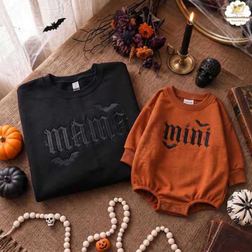 Embroidered Mama & Mini Spooky Sweatshirt, Matching Mommy and Me Halloween Shirts, Fall Family Outfit, Bats Halloween Spooky Season Outfit