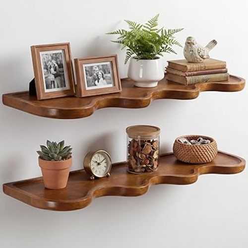 Pinkunn 2 Pcs Walnut Floating Shelves for Wall 24 Inch Wood Live Edge Floating Shelves Wooden Floatings Shelf Modern Scalloped Mounted Shelf Wall Decor for Living Room Bathroom Bedroom Kitchen