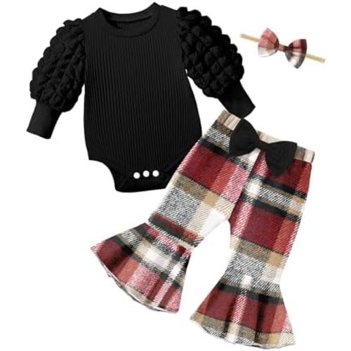 NAPU Baby Girl Clothes Long Sleeve Romper 3Pcs Baby Girl Outfits Flare Pants Set with Headband Fall Baby Girl Winter Clothes