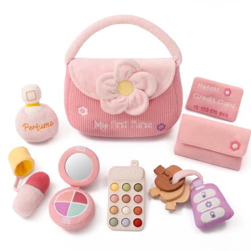 let's make My First Baby Purse, 10 Pcs Sensory Toy for Baby & Toddler Girls | Teether Phone, Wooden Keys & Car Key, Soft Baby Purse with Mirror & Crinkle Card, Sensory Pretend Play, 1 Year Old Girl Gifts