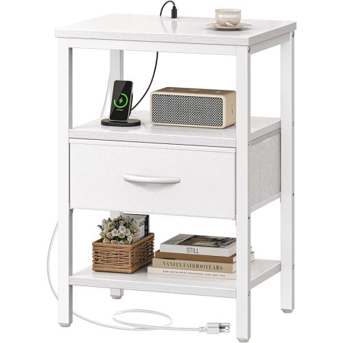 SUPERJARE Nightstand with Charging Station, Bed Side Table with Adjustable Fabric Drawer, Night Stand for Bedroom, 3-Tier Storage End Table, for Living Room, White
