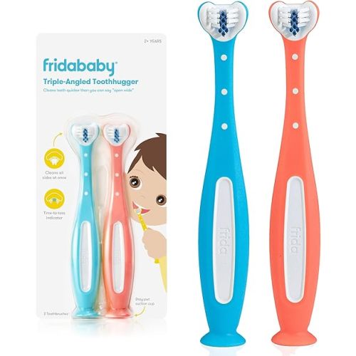 Frida Baby Triple-Angle Toothhugger Training Toddler Toothbrush | Toddler Toothbrush 2 Years and Up, Cleans All Sides at Once | 2 Pack (Pink + Blue)