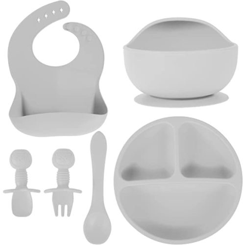 Windyus Lot de 6 ensembles d'alimentation pour bébé, vaisselle en silicone de qualité alimentaire, sans BPA, fournitures de sevrage LED, ustensiles antidérapants auto-agrippants à ventouse et bavoir réglable pour tout-petits et enfants (gris clair) - Gris