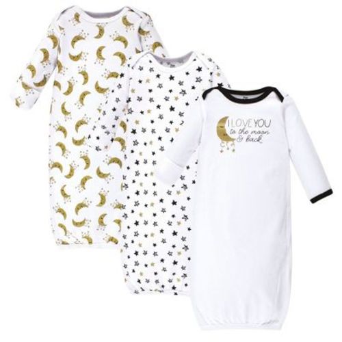 Yoga Sprout Baby Cotton Long-Sleeve Gowns 3pk, Metallic Moon, 0-6M