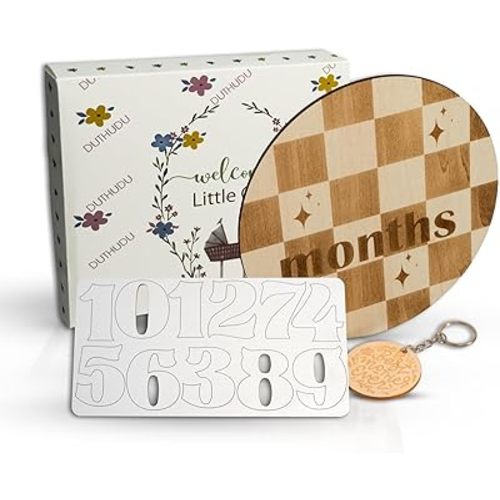 Monthly Baby Milestone Signs - Baby Monthly Milestone Wooden Circles for 1-12 Month Photos & Gender Neutral Announcement Cards (Caro)