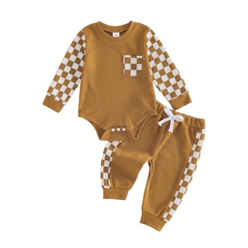 Newborn Baby Boy Girl Clothes Checkered Plaid Long Sleeve Waffle Knit Romper Pants Set 2 Piece Fall Winter Outfits