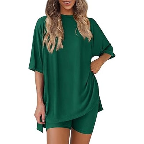 PRETTYGARDEN Women 2 Piece Lounge Set 2026 Summer Casual Oversized Shirts Biker Shorts Matching Airport Travel Outfit Clothes