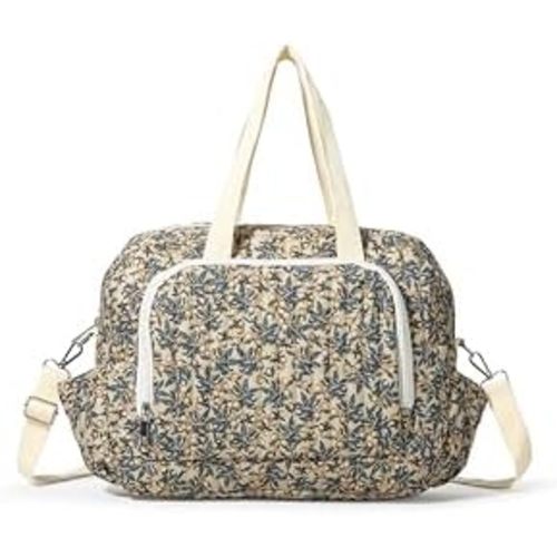 Quilted Floral Diaper Bag Tote, Large Capacity Cotton Baby Bag with Multiple Pockets