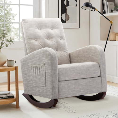 Muumblus Glider Rocker for Living Room, Rocking Chair for Nursery, Tufted High Back, Light Gray Linen