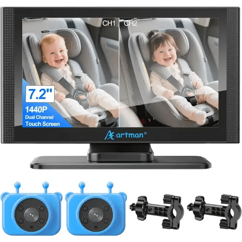 Artman Baby Car Camera for 2 Kids, Baby Car Monitor with 7.2'' HD 1440P IPS Touch Screen, Dual IR Night Vision Cameras, Easy No-Damage Install Ideal Car Seat Monitor for Parents and Pet Owners
