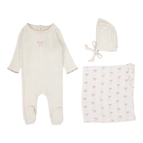 Pointelle Graphic Layette Set - Cream/Pink Bow