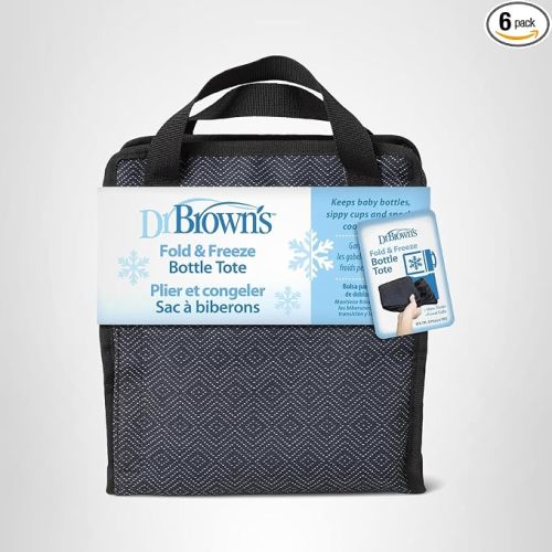 Dr. Brown’s Fold & Freeze Bottle Tote, Breastfeeding Essential Cooler Bag, 6 Baby Bottles Milk Storage - Black